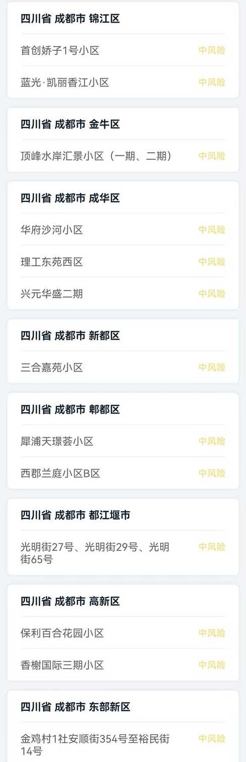 成都一地升为中风险地区〖成都确定中风险区〗